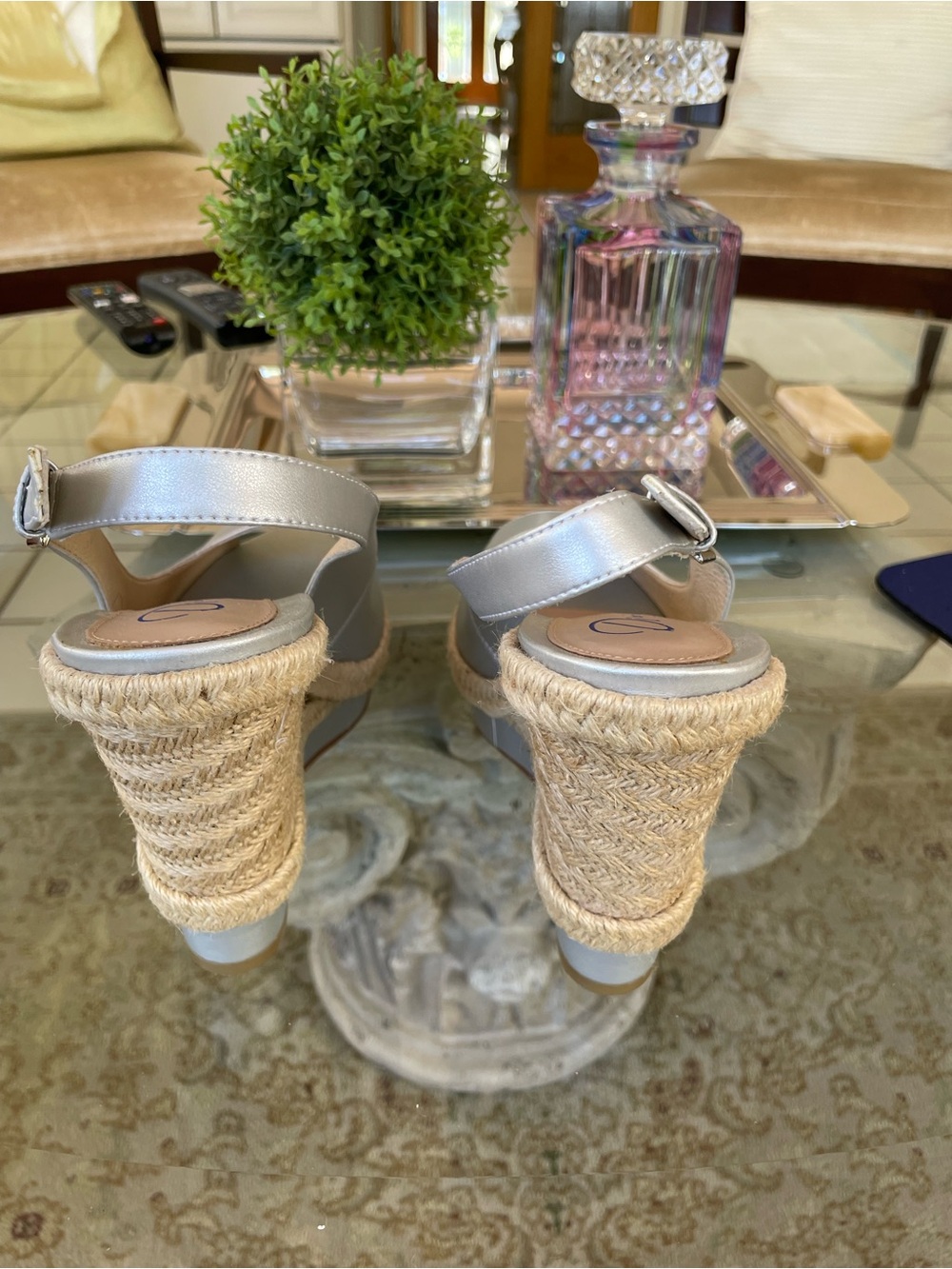 Silver Peep-Toe Slingback Wedge Espadrilles - Picture 3 of 3